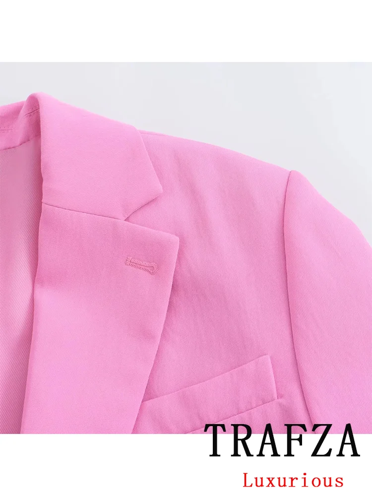 TRAFZA Vintage Chic Solid Women Suit Single Breasted Pockets Slim Blazer Straight Loose Pants New Fashion 2024 Office Lady Sets