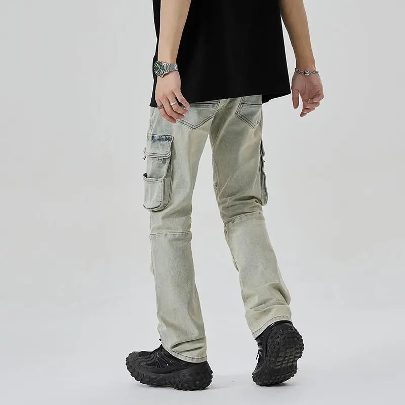 American high street jeans men's loose fitting straight tube design washed cargo casual long pants men  jeans cargo pants men