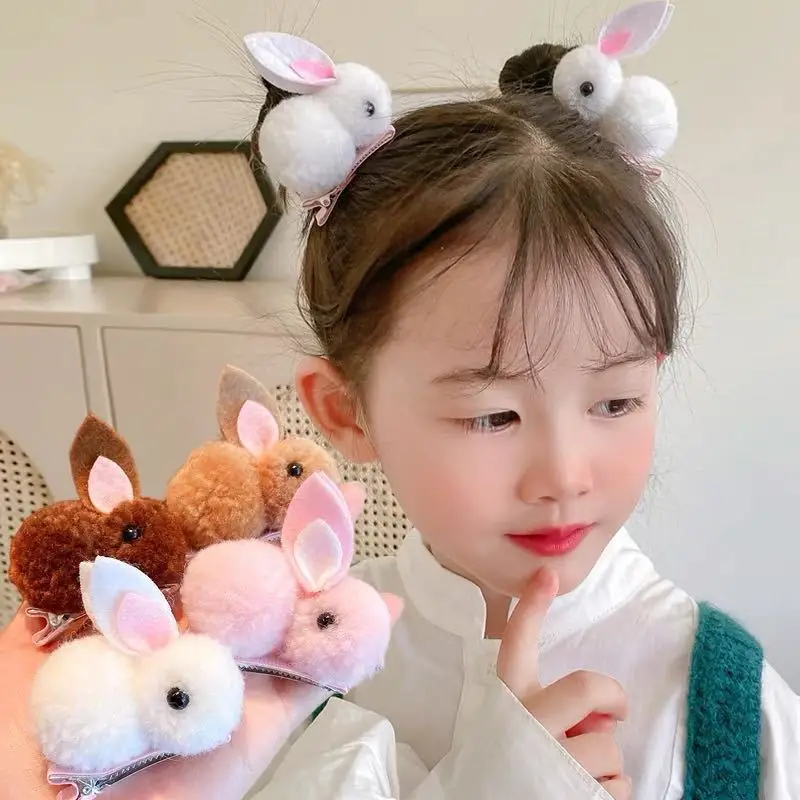 2pcs Cute Plush Bunny Hair Clip Sweet Winter Mini Stuffed Rabbit Ear Duckbill Bobby Hairpins For Baby Toddlers Children\'S Gifts