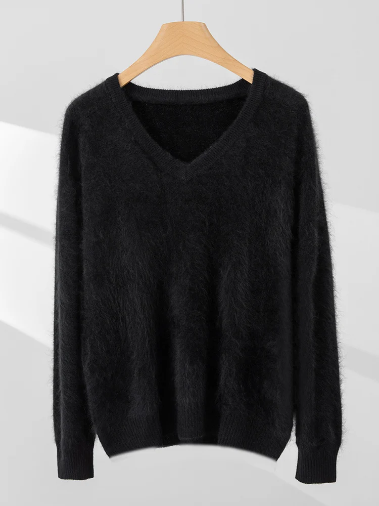 Women 100% Cashmere Sweater Fleece V-Neck Pullovers Sweater Fleece Knit Winter New High-End Clothes Long Sleeve Warm Solid Tops