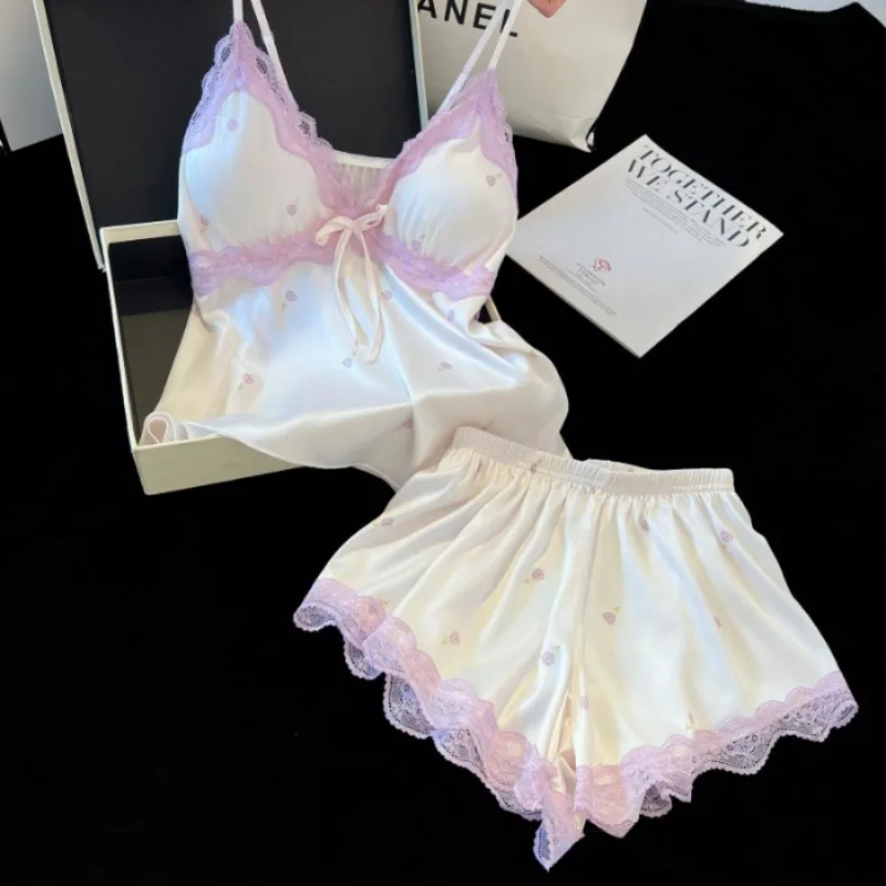2026 الربيع والصيف الدانتيل مع وسادة الصدر سترة مجموعة تي شيرتات قصيرة للأطفال منامة الحرير الجليدي الساتان الدانتيل ملابس المنزل Pirastasama Жеenca #5