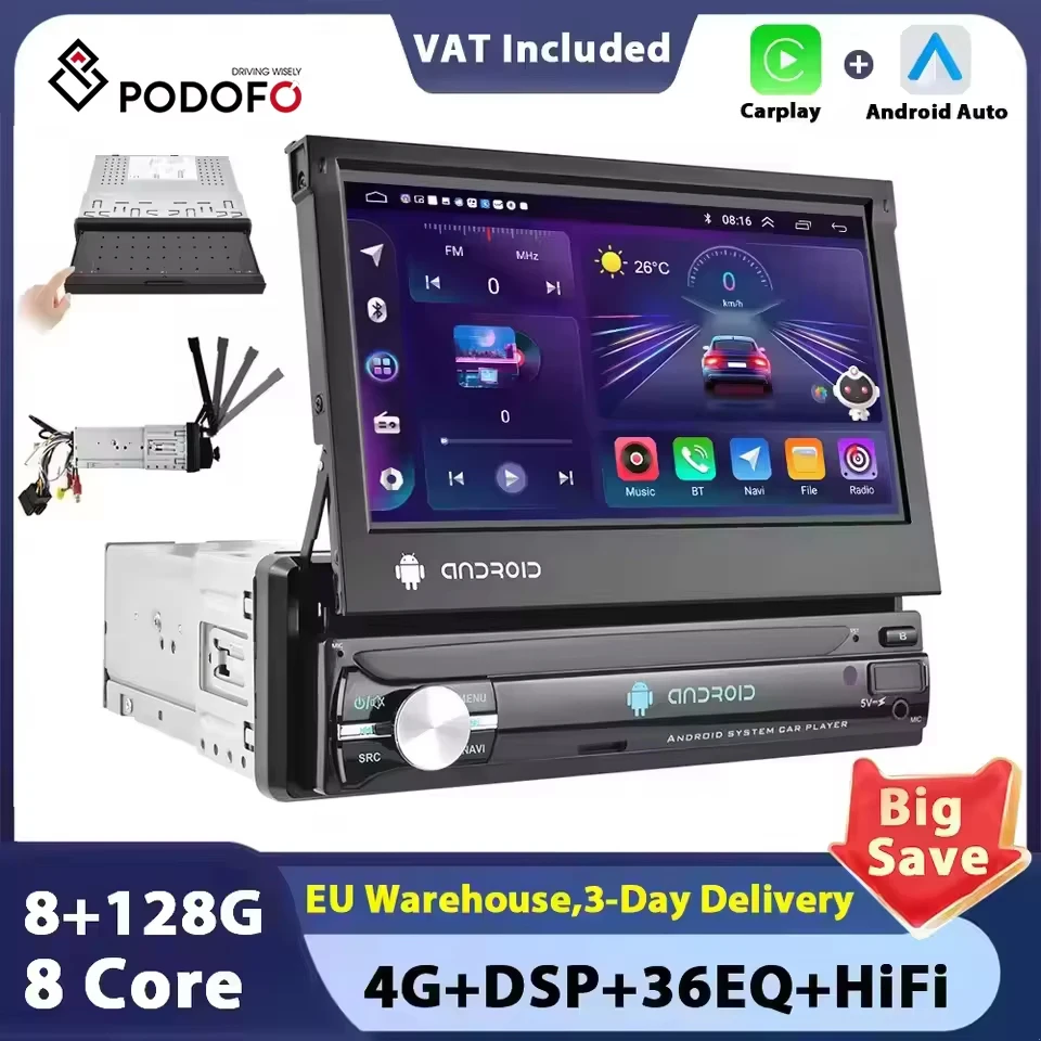 Radio para Auto Podofo Android 1 Din con Pantalla Giratoria, Carplay, Reproductor Multimedia, Reproductor de Video, Audio Universal para Auto, GPS, Navegación, WIFI