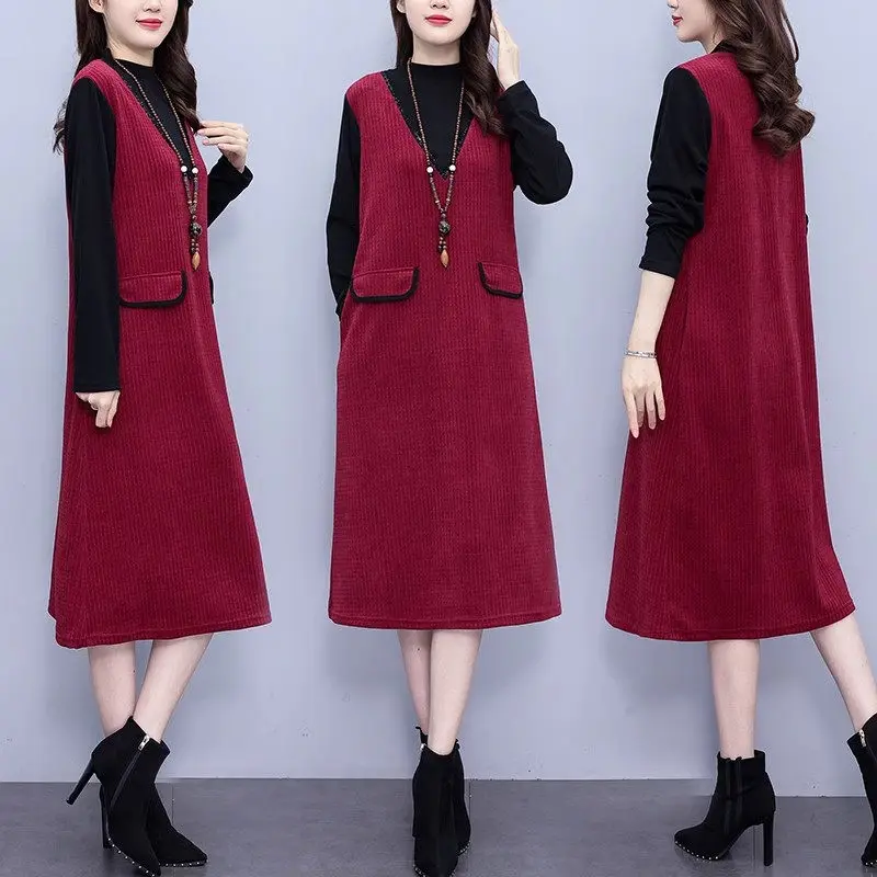 Oversized Women's Dress 2023 Autumn/Winter Korean Fashion Loose Fake Two Piece Panel Mid Length Dress Casual Clothing Z4019