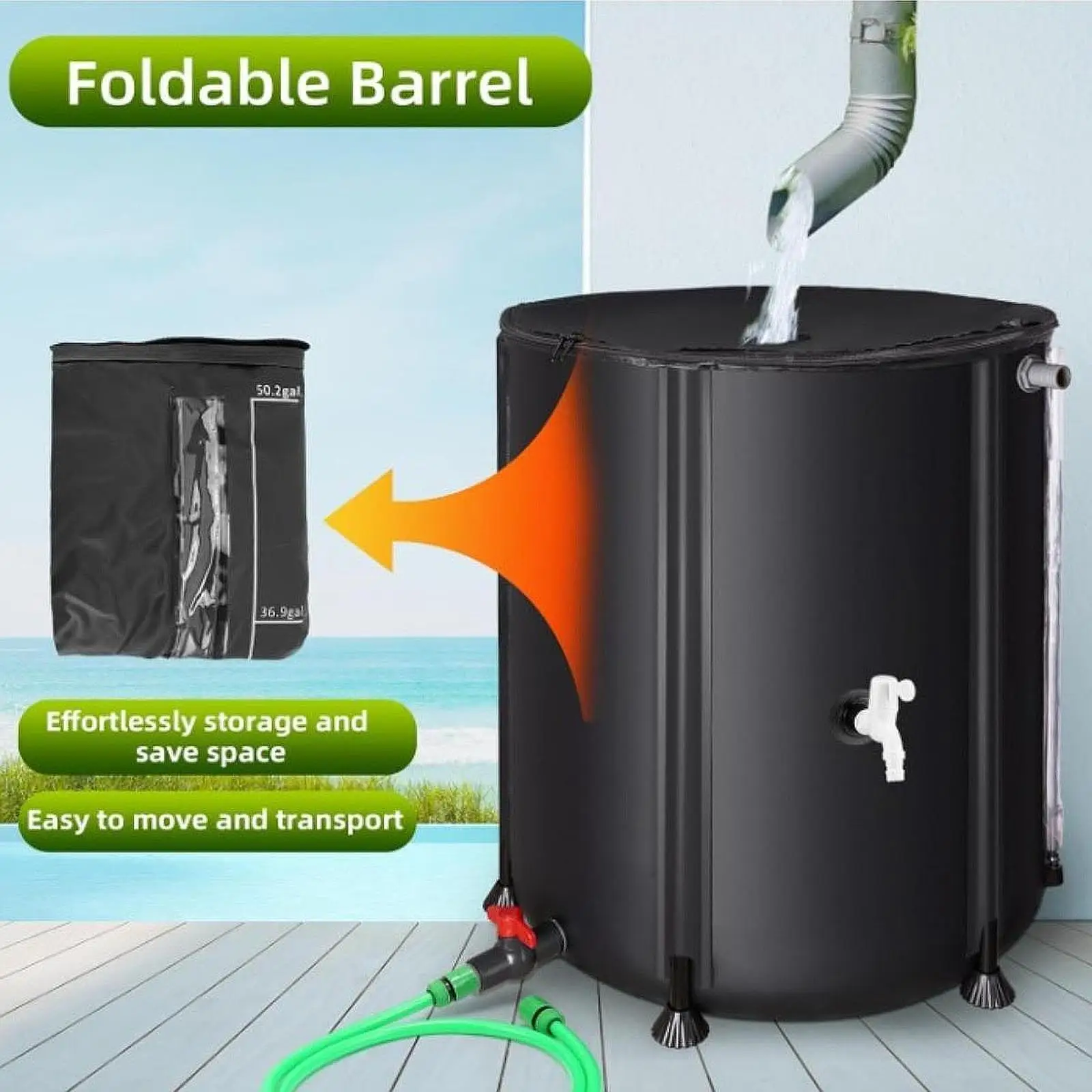 Foldable Rain Barrel 53 Gallon with Two Spigots Rainwater Collection System