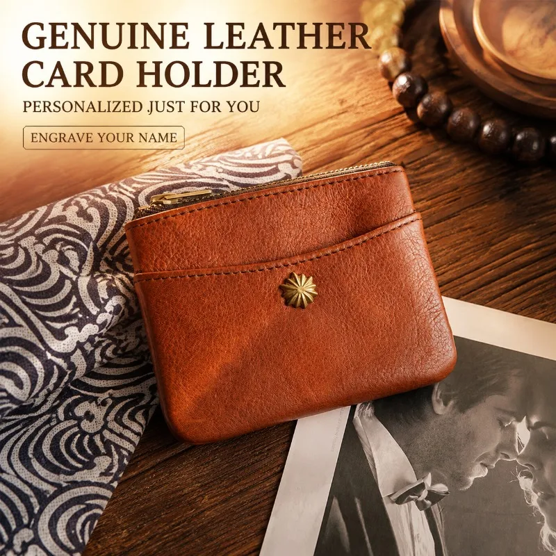 Handmade Genuine Leather Wallet Men Short Bifold Card Holder Vegetable Tanned Cowhide Vintage Coin Purse Personalized Engraving