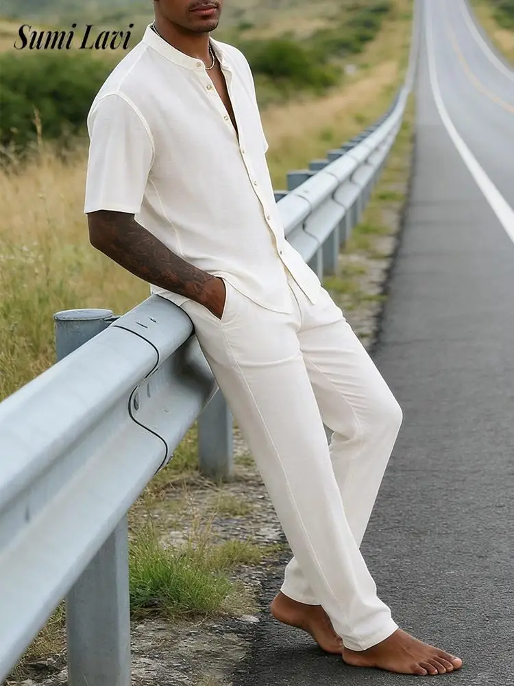 

Винтажные белые комплекты одежды для мужчин: повседневные рубашки с воротником-стойкой и коротким рукавом, брюки, двухкомпонентные костюмы для мужчин, модные наряды для весны и лета.