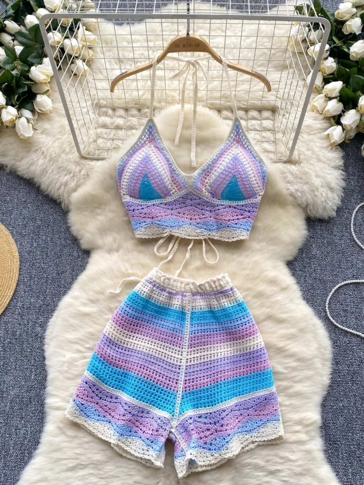 Women Summer Beach Vacation Set BOHO Hollow Out Crochet Backless Lace Up Halter Tops High Waist Contrast Color Wide Leg Shorts