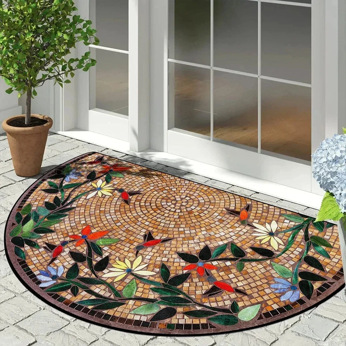 Half Round Doormat Orange Hummingbird Mosaic Felt Bath Mat Semicircle Entrance Welcome Carpet Non Slip Outside Rug