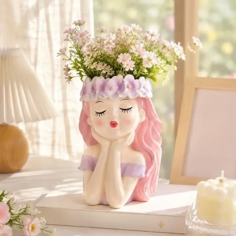 Funny Resin Girl Shape Planter Desktop Storage Pen Holder Flower Pot Vase Decoration Fairy Flowerpot Office