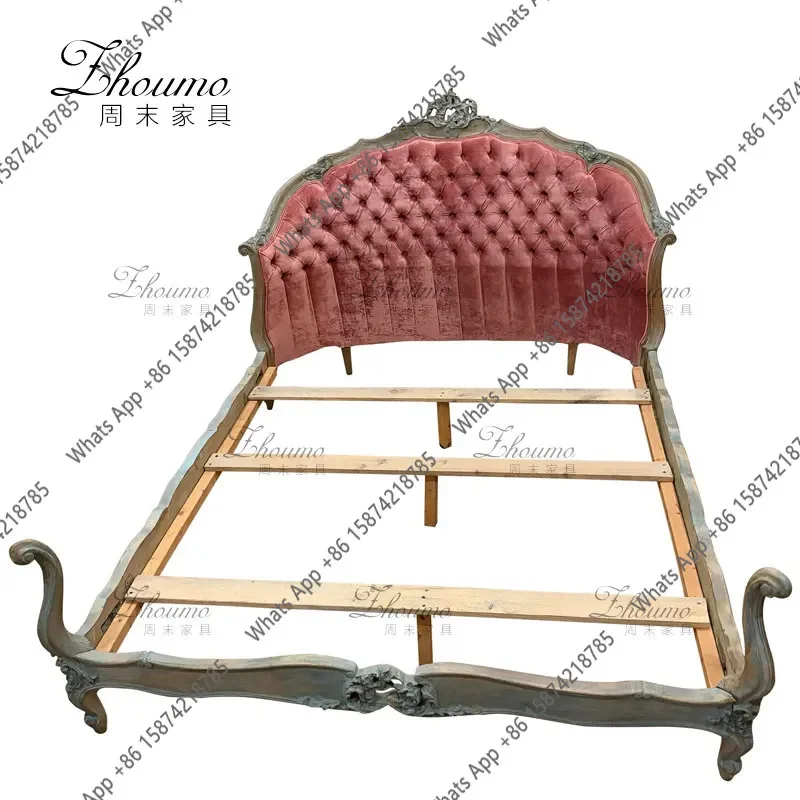 C French Retro Carved Solid Wood Double Bed Wabi **** Wind Pull Button Soft Bag Master Bedroom Single Bed Antique Villa Single B