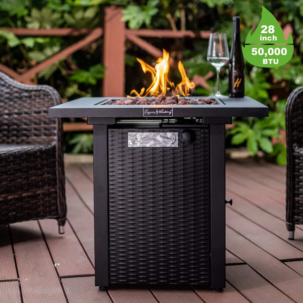 Mesa para fogones de propano para exteriores de 28 pulgadas, 50.000 BTU, mesa para fogones de comedor de gas exterior con tapa, ratán y aspecto de mimbre, piedra de lava