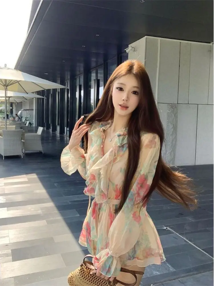 

KING BRAND Retro Floral Chiffon Dress Women's Summer Beach Vacation Beautiful Waist-Cinching Gown Long Sleeve V-Neck Midi Dress