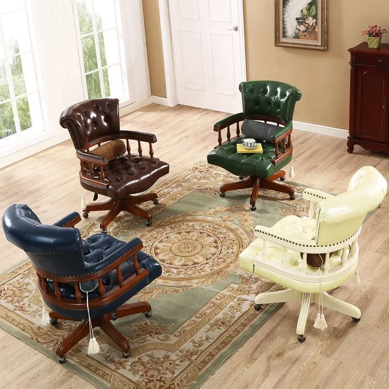 American European Style Genuine Leather Wooden Base Home Office Swivel Armchair with Wheels