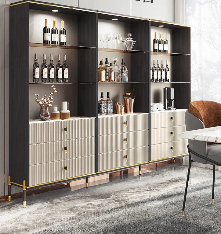 Modern and minimalist wine cabinet, storage cabinet, living room, integrated wall facing TV cabinet, glass door next to it