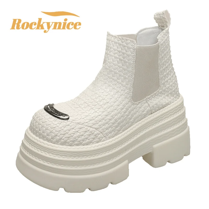 جديد نسج الجلود حذاء من الجلد النساء الخريف الشتاء أحذية رياضية مكتنزة سميكة وحيد أحذية بوت قصيرة 9.5 سنتيمتر منصة عالية فاسق أحذية امرأة