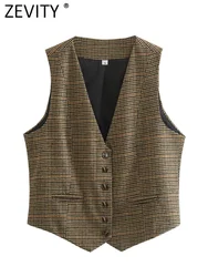 Zevity New Women Vintage V Neck Houndstooth Print Breasted Slim Short Vest Jacket Ladies Sleeveless Casual WaistCoat Tops CT3053