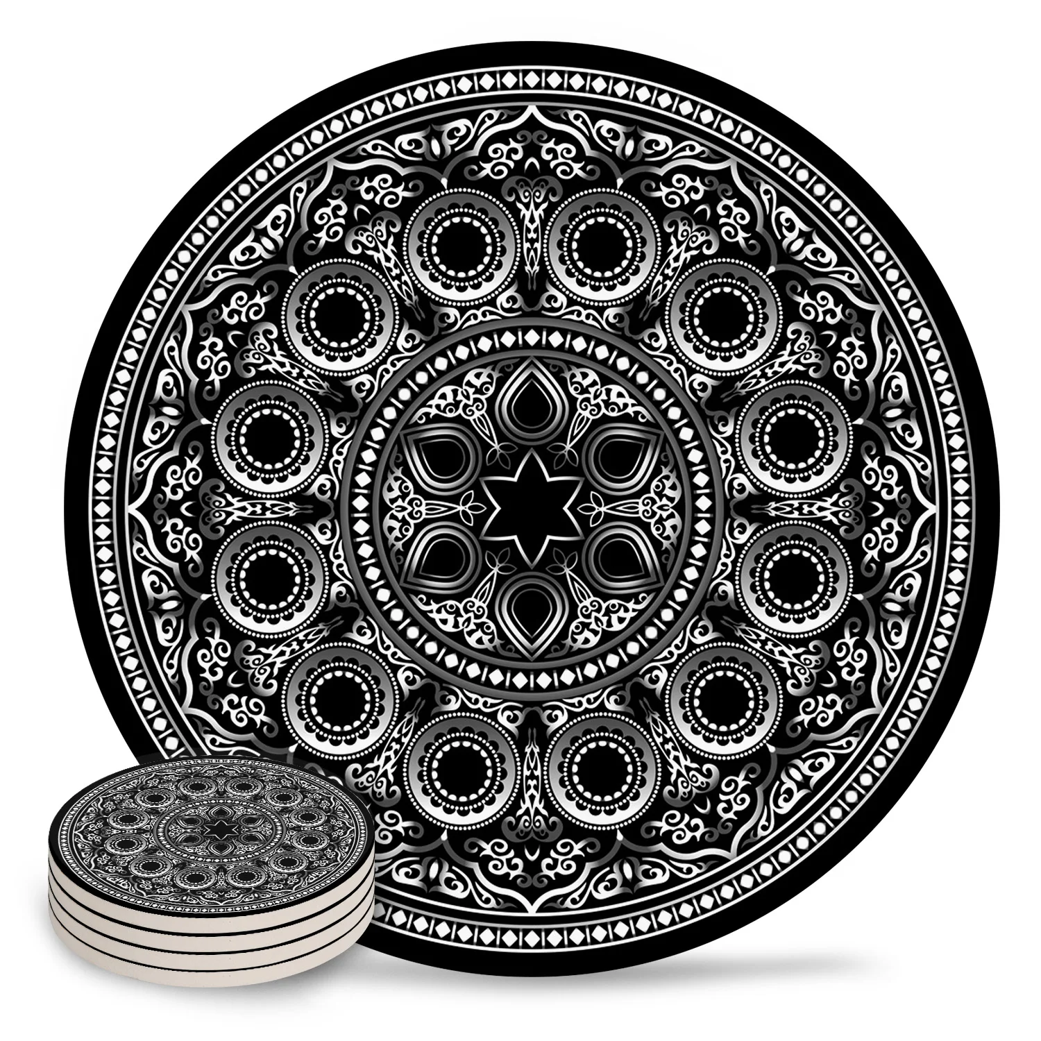 Geometric Mandala Flower Black Coasters Ceramic Set Round Absorbent Drink Coaster Coffee Tea Cup Placemats Table Mat