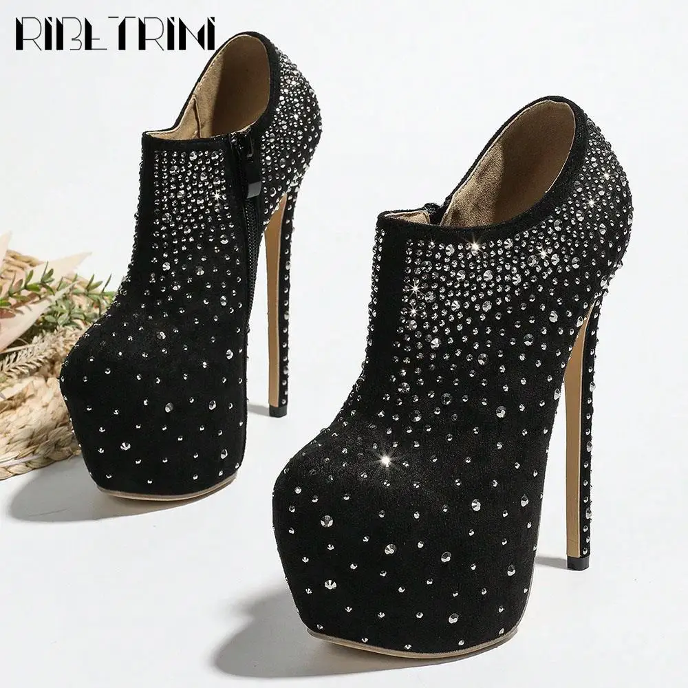 Sexy Stiletto High Heels Women Pumps Zipper Round Toe Platform Shoes Rhinestone Matallic Trendy Design Party Dress Elegant Pumps