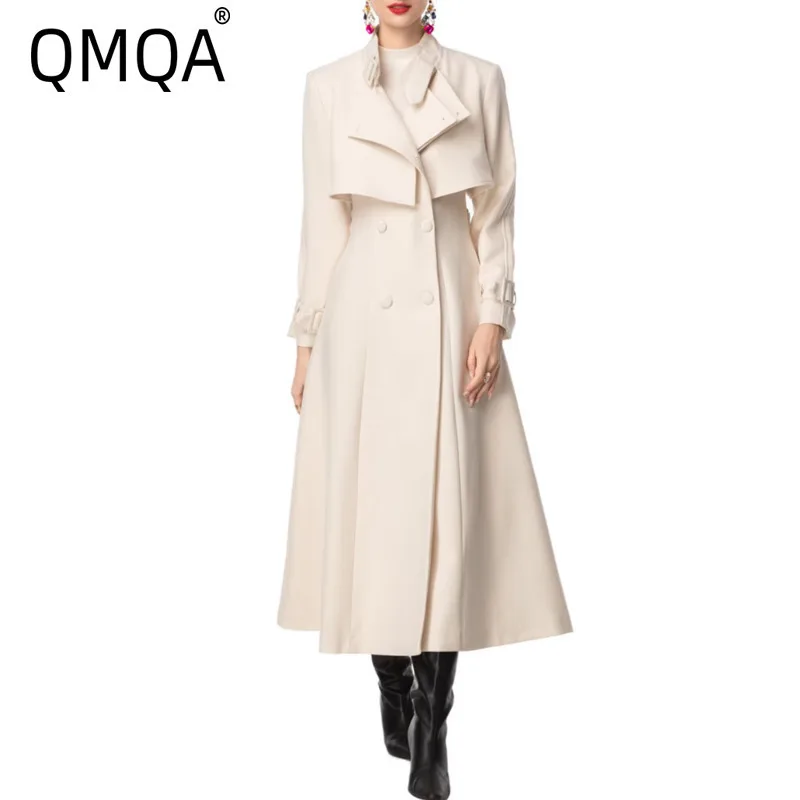 

QMQA Fashion Women's Elegant Trench Coat Stand Collar Double Breasted Cape Belted Long Sleeve Flared Long Windbreaker 2025 QM931