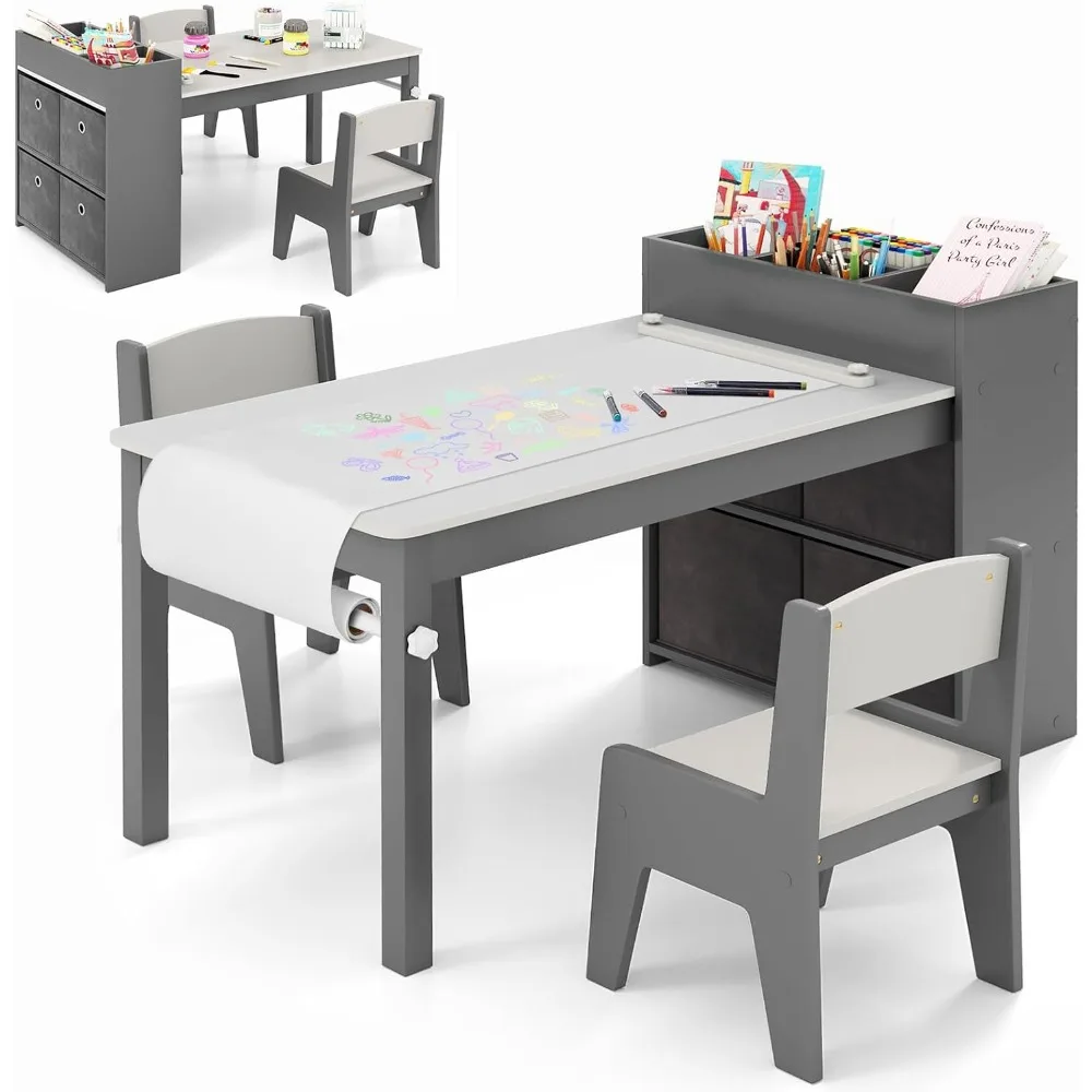 Table et chaises pour enfants, table à dessin artistique en bois 3 en 1 avec 2 chaises, ensemble table et chaises pour tout-petits pour salle de jeux pour enfants