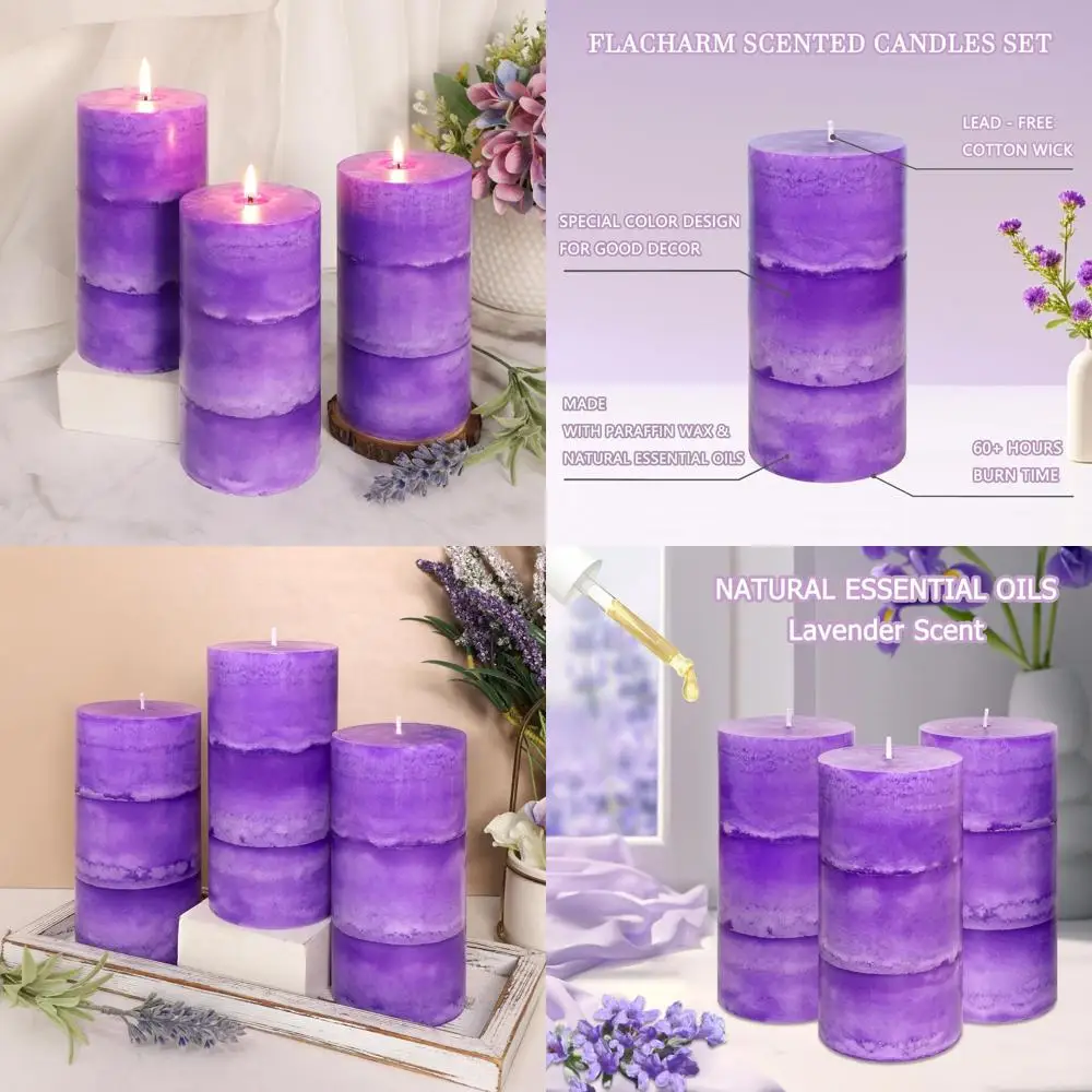 

3" x 6" Handmade Pillar Candles Lavender Scented Purple Decorative Candles Long-Lasting Burn Air Clean Lavender Candles for Home