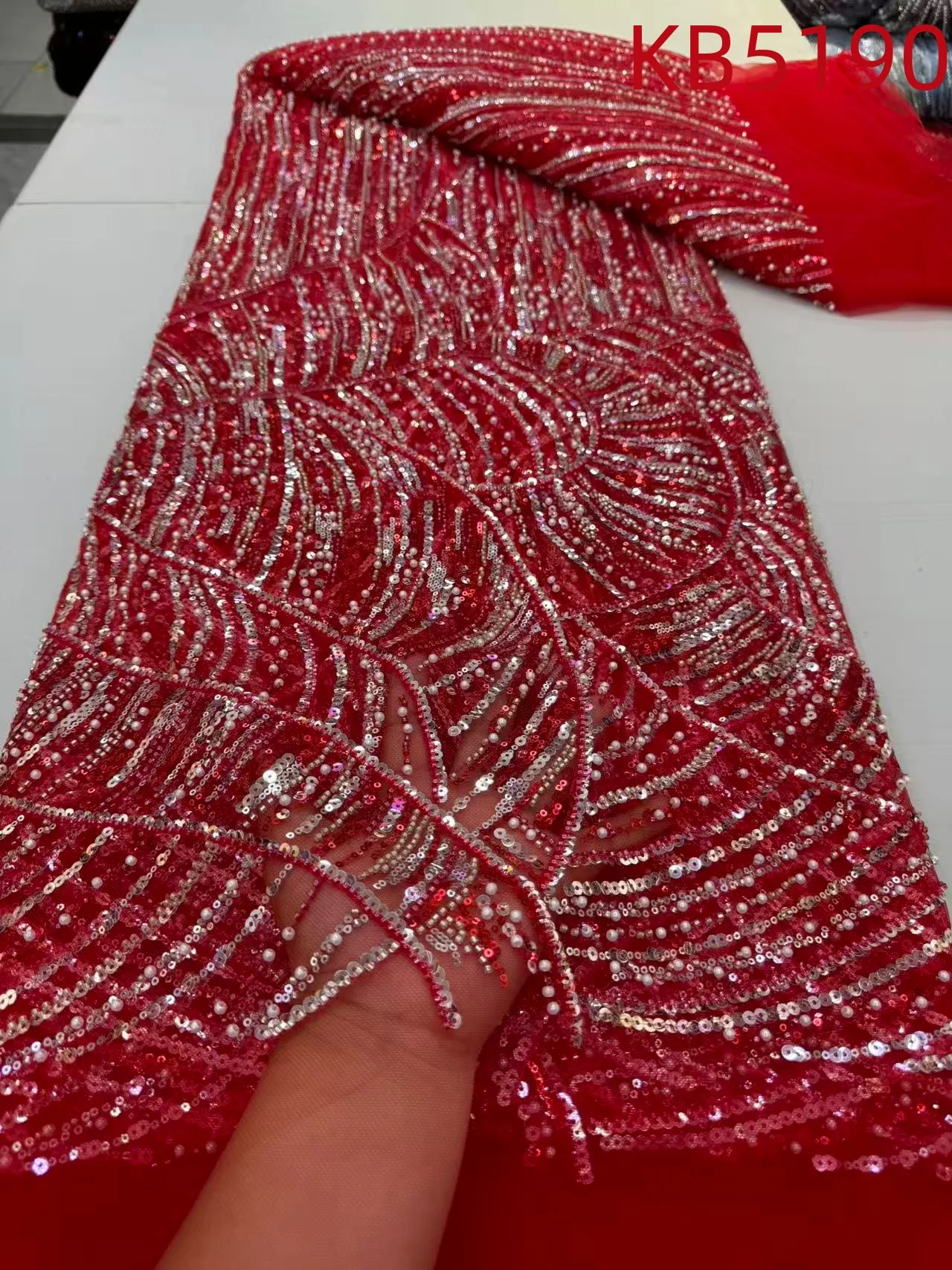 

African Lace Fabric 5 Yards High Quality 2024 Nigerian Red Beaded French Mesh Sequins Embroidery Lace Fabrics For Sewing KB5190