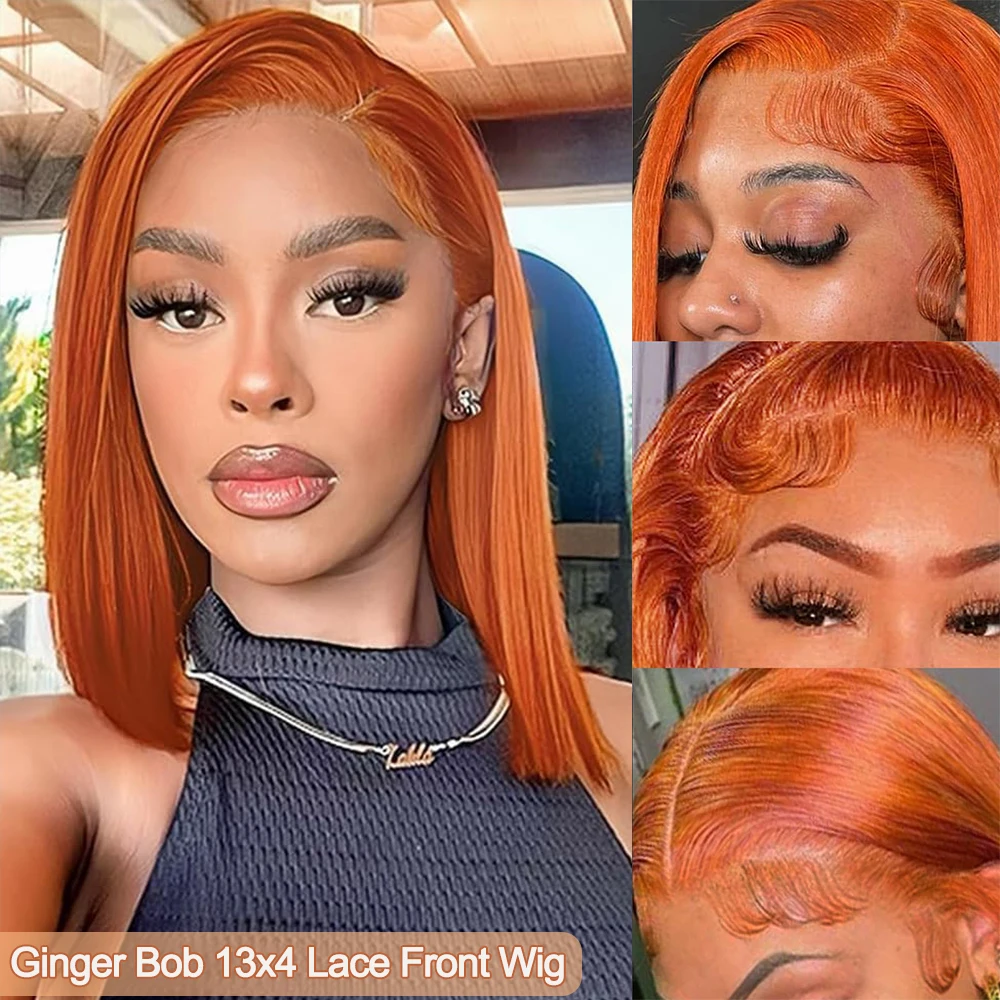 Ginger Bob Wig Human Hair 13x4 Lace Front Wigs 8-16 Inch 4x4 Short Straight Orange Ginger Bob Wigs Pre Plucked 180% Density view 3
