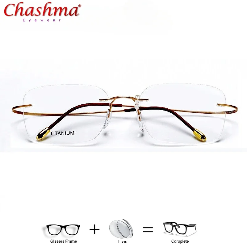 100% Pure Titanium Square Frames Man's Frameless Prescription Glasses with Lenses Super Rlastic Temple Rimless Glasses Men