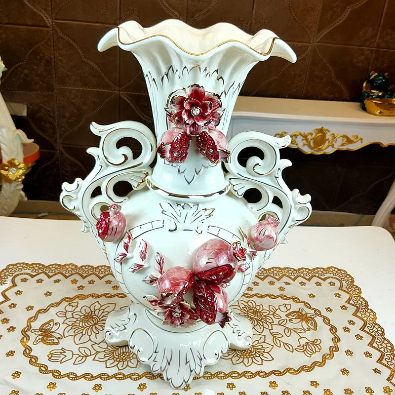 Vas bunga besar Eropa, keramik berlapis emas, motif delima, hiasan ruang tamu, vas binaural, mewah kelas atas