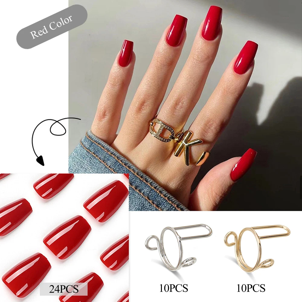 

10PCS Golden 10PCS Silver Fingertip Nail Rings 24PCS Fake-Nails 4PCS Glue In One Box for Women Manicure Nail Art Nail Foil