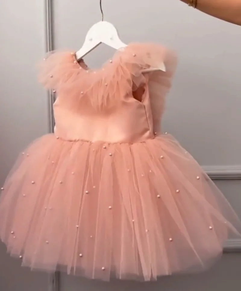 Cute Powder Flower Girl Dress Infant First Birthday Dress Tutu Toddler Outfit Special Occasion Tulle Gown with Big Bow