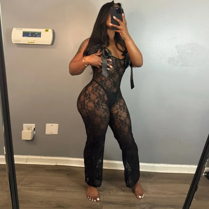 

Women Sexy See Through Lace Jumpsuit Bow Ribbon Low-neck Spaghetti Straps Backless Sleeveless Night Club Party Overalls Rompers