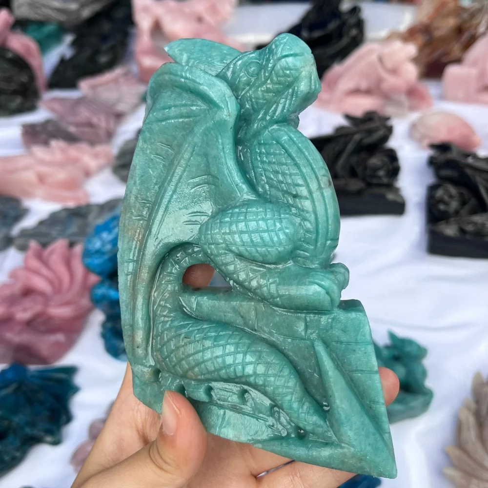 1PCS Natural Amazonite Quartz Dragon Carving Crystal Fengshui Love Healing Stone Home Decor Gift