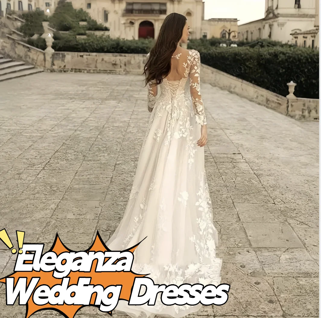 Customized Luxuury Bridal Dress A-Line Long Sleeves Lace Applique Wedding Dress Illusion Wedding Party Dress Vestido De Novia