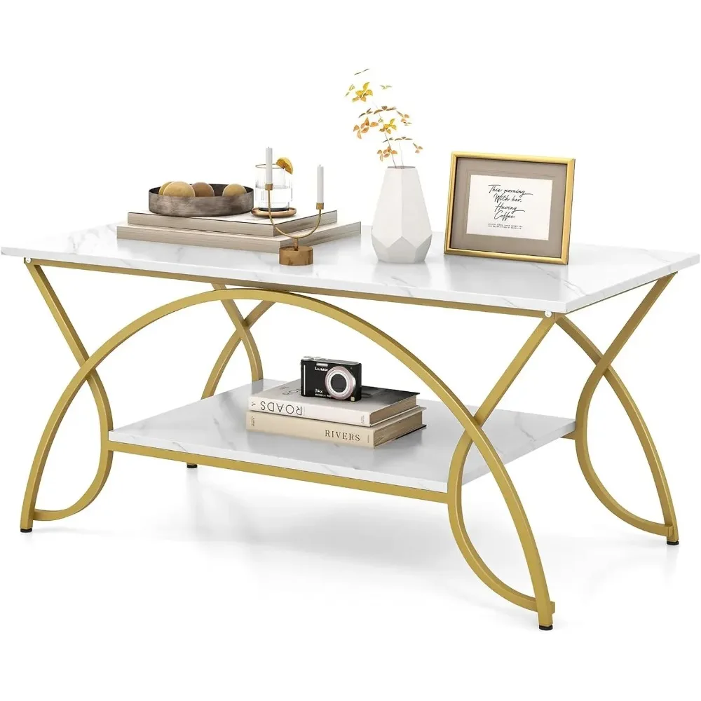 2-Tier Rectangular Coffee Table, Faux Marble Table with Open Storage Shelf, Gold Finished Metal Frame,  Table for Living Room