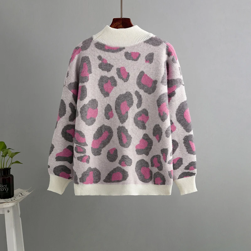 Winter Women\'s Sweater Leopard Print Animal Basic White Turtleneck Oversize Jumper Vintage Warm Knitted Sweaters for Women\'s