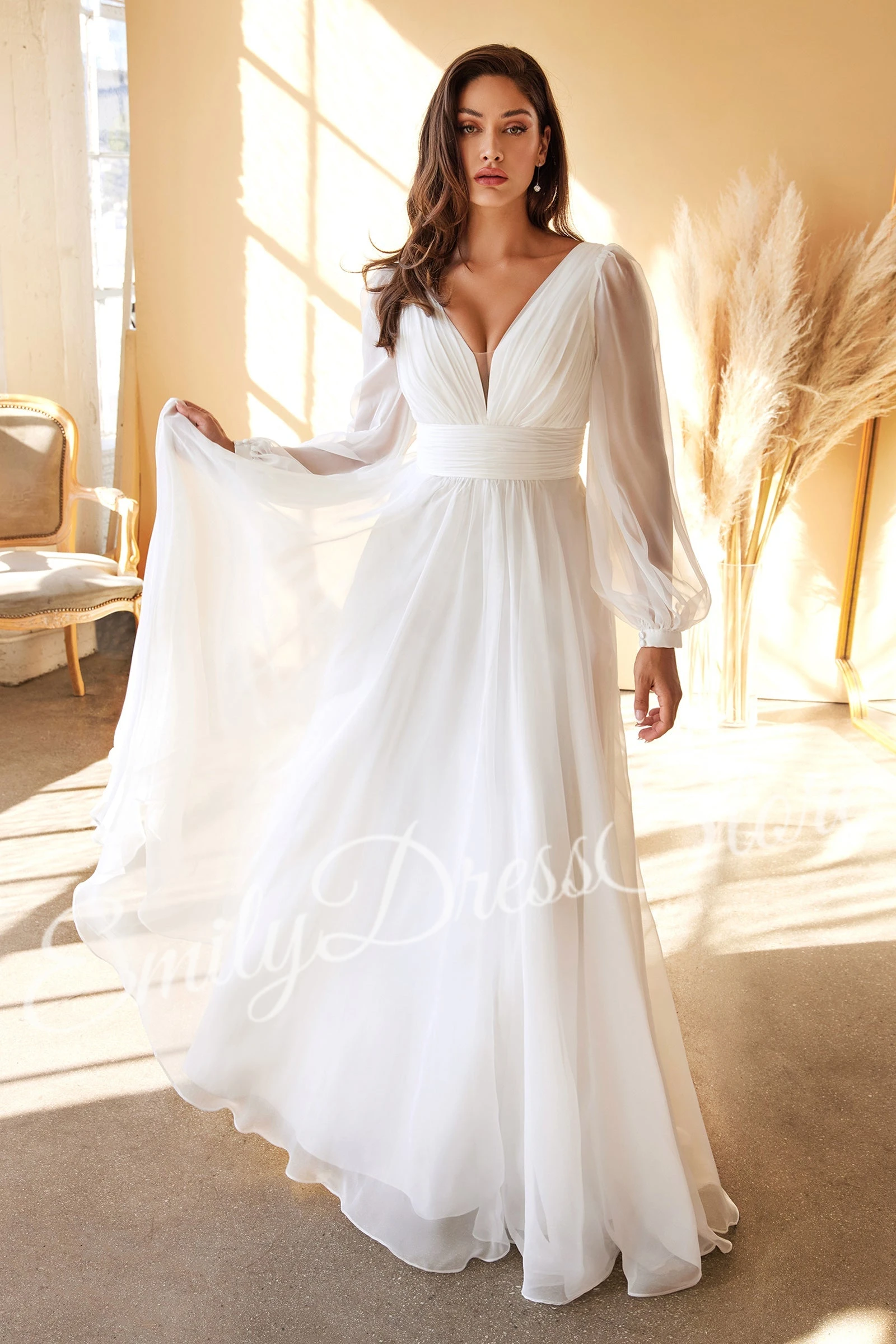 

Ivory Evening Dress Women V-neck Full Sleeves Floor Length Chiffon Bridal Formal Long Sexy Ball Gowns Party Pageant Dress