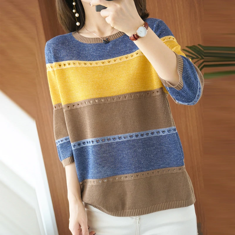 Summer Women knitted Short sleeve Thin Sweater Female Hollow Out Turtleneck Pullover Ladies knit Cotton Loose Jumpers