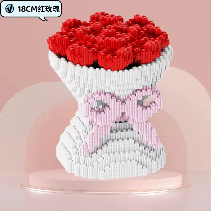 Romantic Valentine's Day Gift Red Rose Bouquet Small Particles Building Block Puzzle Boy Girl Series