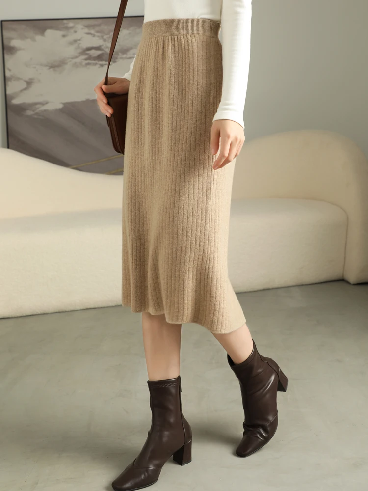 Autumn and Winter New Women's Skirt High Waist Sunken Stripe Split Cashmere Skirt Fashionable All-Match Skirt Trendy Style