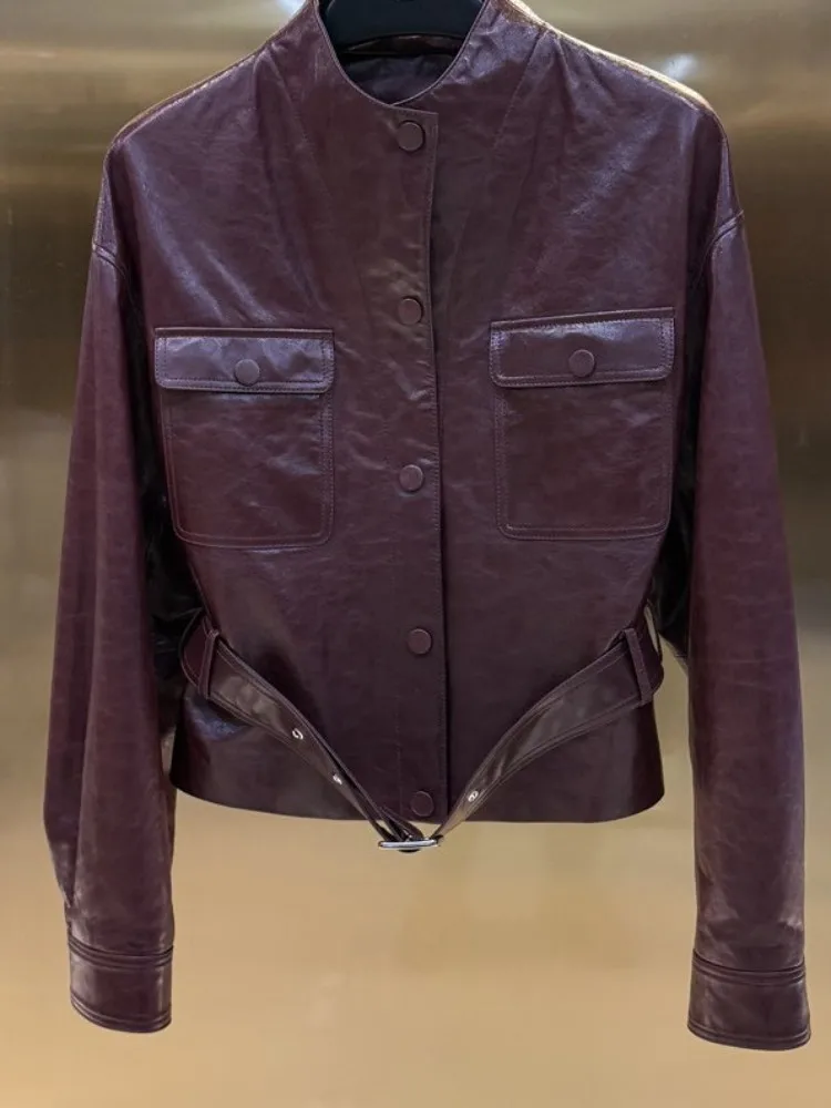 Concise Ladies Single-Breasted Pocket Genuine Leather Jackets Solid Color Stand Collar Long Sleeves Belt Sheepskin Outwear