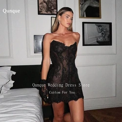 Qunque Sexy See Through Prom Dresses Black Lace Appliques Glitter Birthday Dresses Luxury Corset Back No Gloves Dress Customized