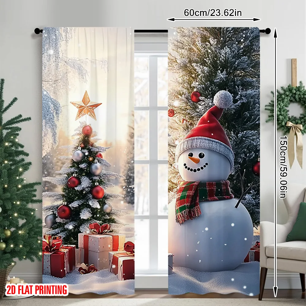 2pcs 2D flat printing Christmas Window Curtains Charming snowman with Christmas tree Versatile 100% Polyester Without