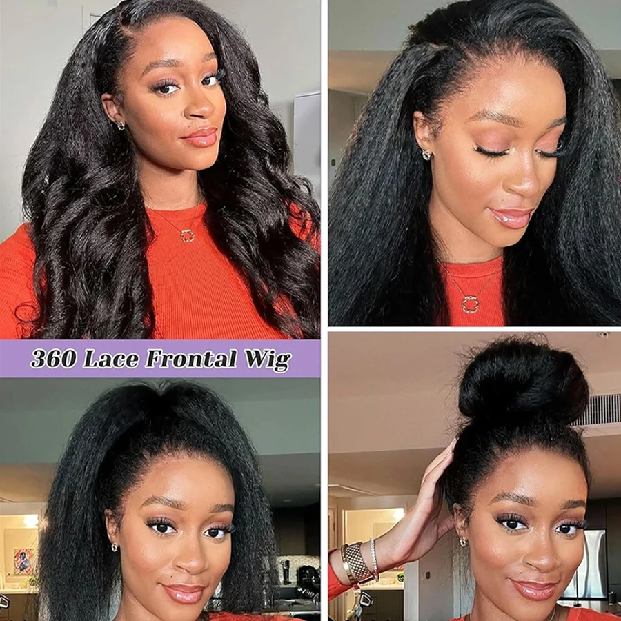 360 Full Lace Wig Invisible Drawstring Kinky Straight Frontal Wig Human Hair Wigs HD Lace Front Wig 220 Density 30Inch Glueless image 4