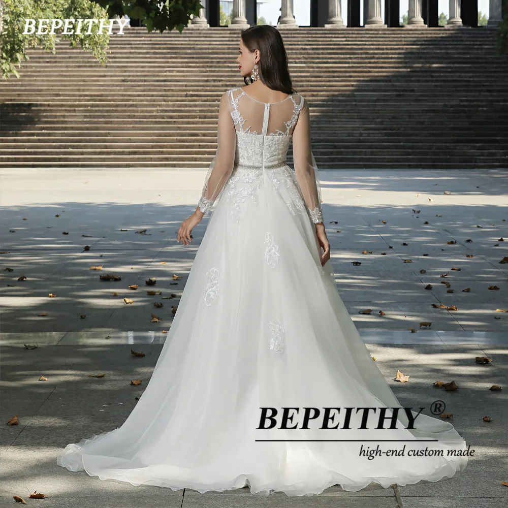 BEPEITHY Elfenbein EINE Linie Boho Hochzeit Kleider Für Frauen 2023 BrideO Neck Volle Hülsen Kristall Gürtel Vintage Bodenlangen Braut kleid