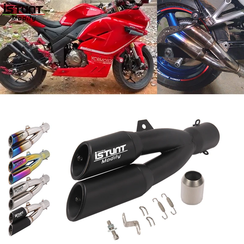 Universal Motorcycle Double Hole Exhaust Pipe Echappement Espace Moto Motorbike Muffler Escape For benelli 502C Ninja 250 R3 R25