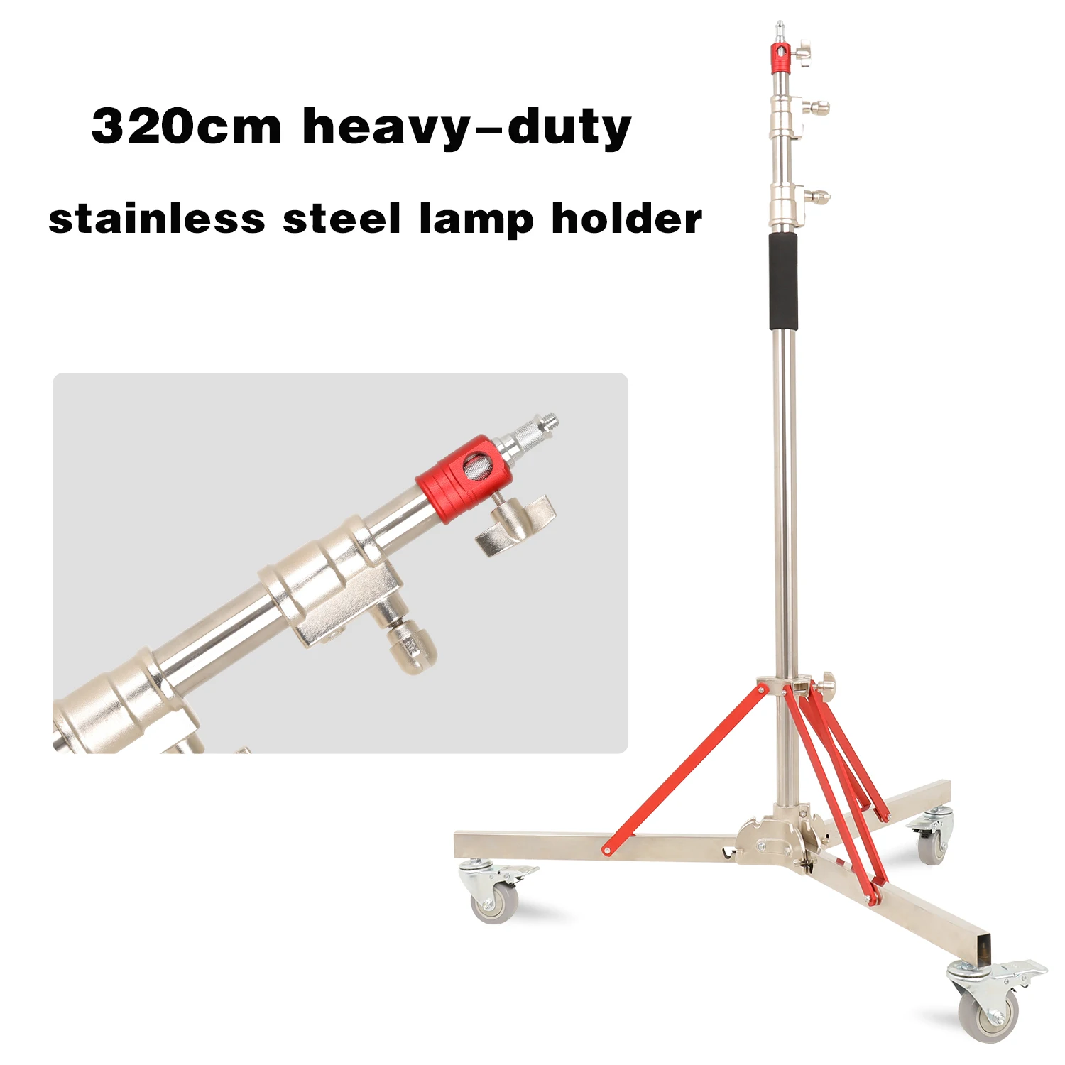 SH 320cm Photography Magic Leg With 3 Wheels All Metal C-Stand Bracket Stainless Steel Tripod For Stainless Steell Arm Crossbar