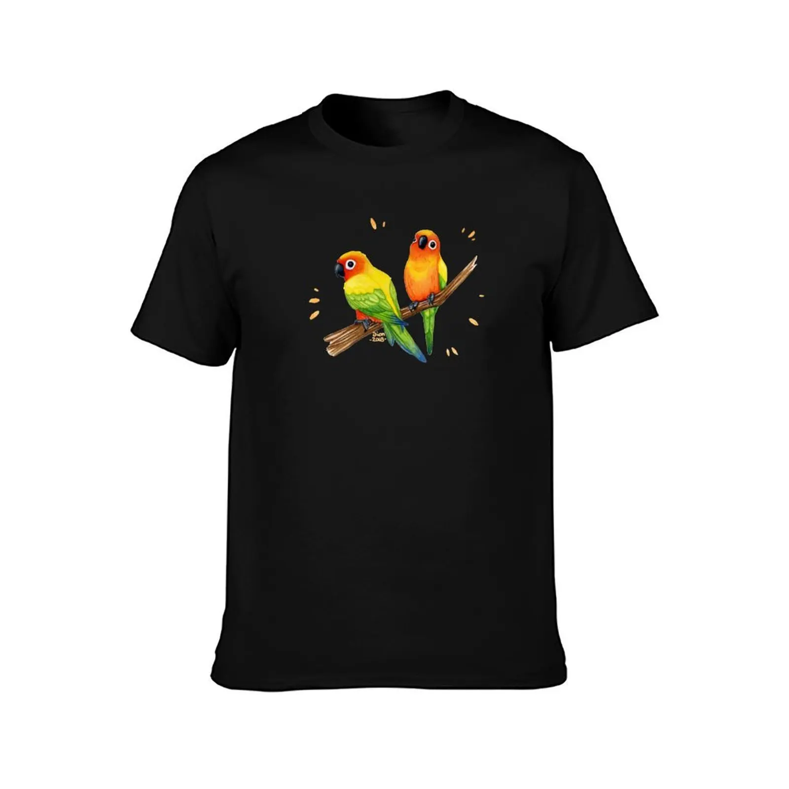 Sun Parakeets T-Shirt, Summer Casual Cotton Tee, Oversized Streetwear Tops, Vintage Graphic Print, Loose Fit Short Sleeve