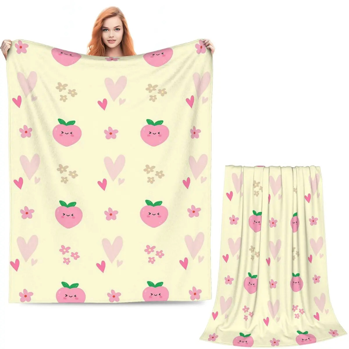 Cute Peach Pink Heart In Yellow Pastel Blankets Soft Warm Flannel Throw  Bedspread for Bed Living room Picnic Travel Home Sofa