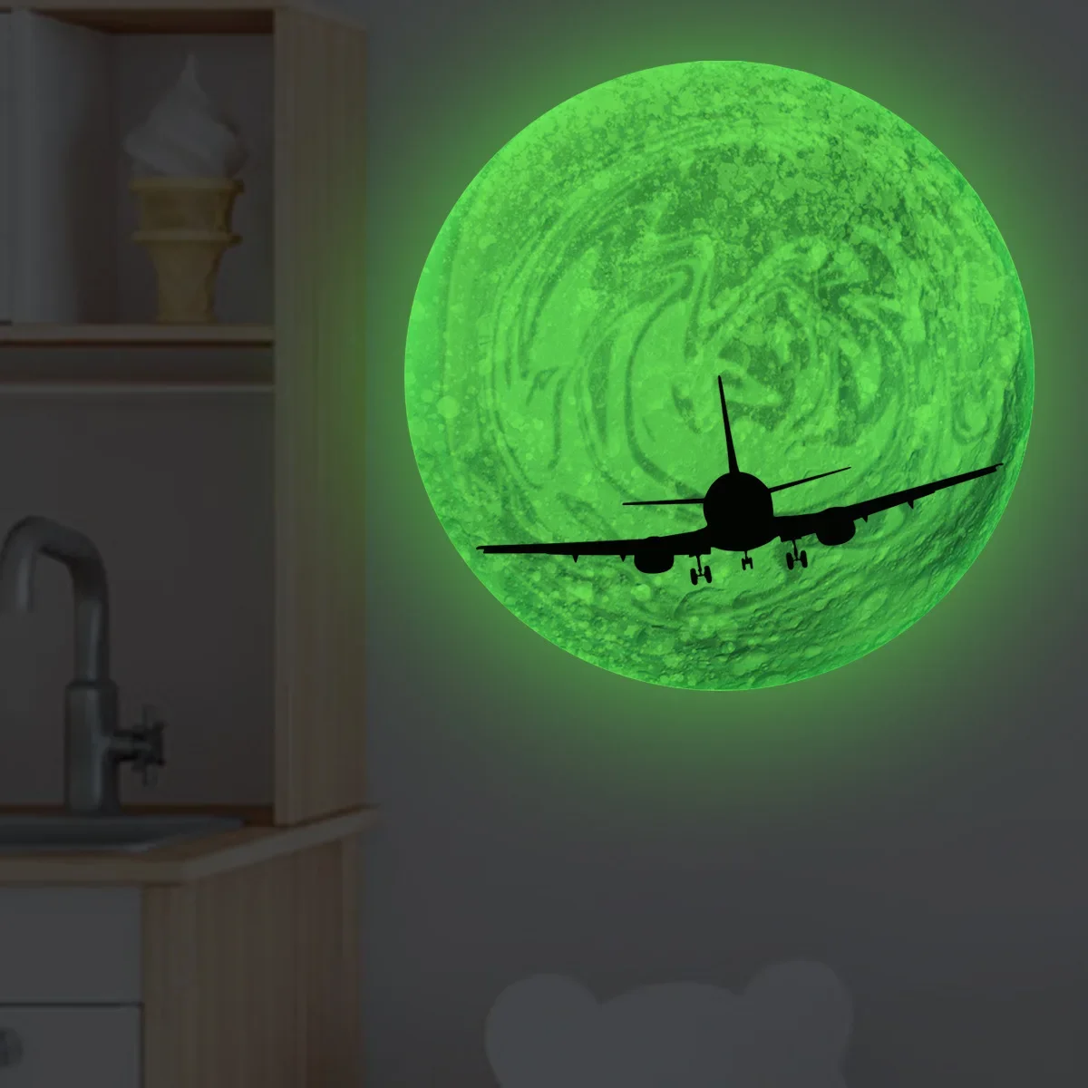 

Luminous Aircraft in The Moon Night Sky Fluorescent Decorative Wall Sticker for Bedroom Ceiling